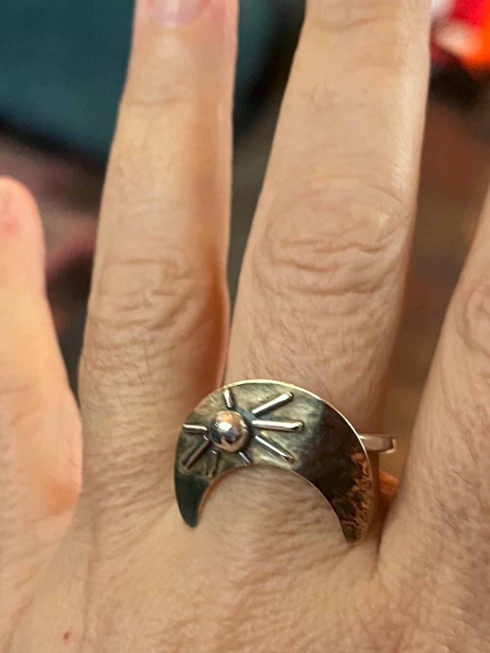 Handmade Mixed Metal Crescent Moon Sunburst Ring Size 9.5 Thumb Ring - Picture 2 of 3
